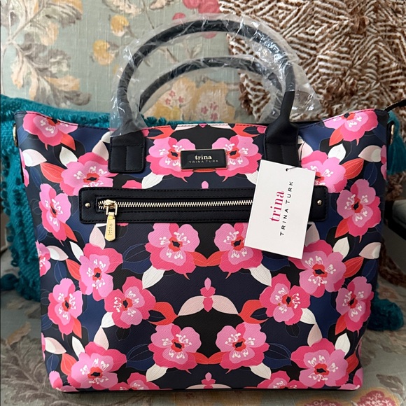 Trina Turk Pink and Black Floral Tote with Crossbody Strap NWT - Picture 1 of 11